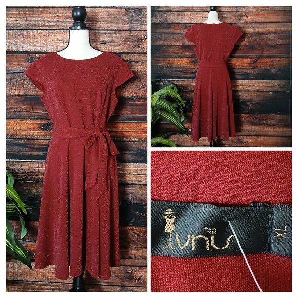 NWT Ivnis Knit Dress XL Wine Glitter Sparkle Belted Zip Back Cap Sleeve Retro - Picture 1 of 13